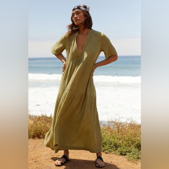 Women’s Anthropologie Kallie Flowy Maxi‎ Dress Sz XS in Moss Beach Coastal - Picture 1 of 8